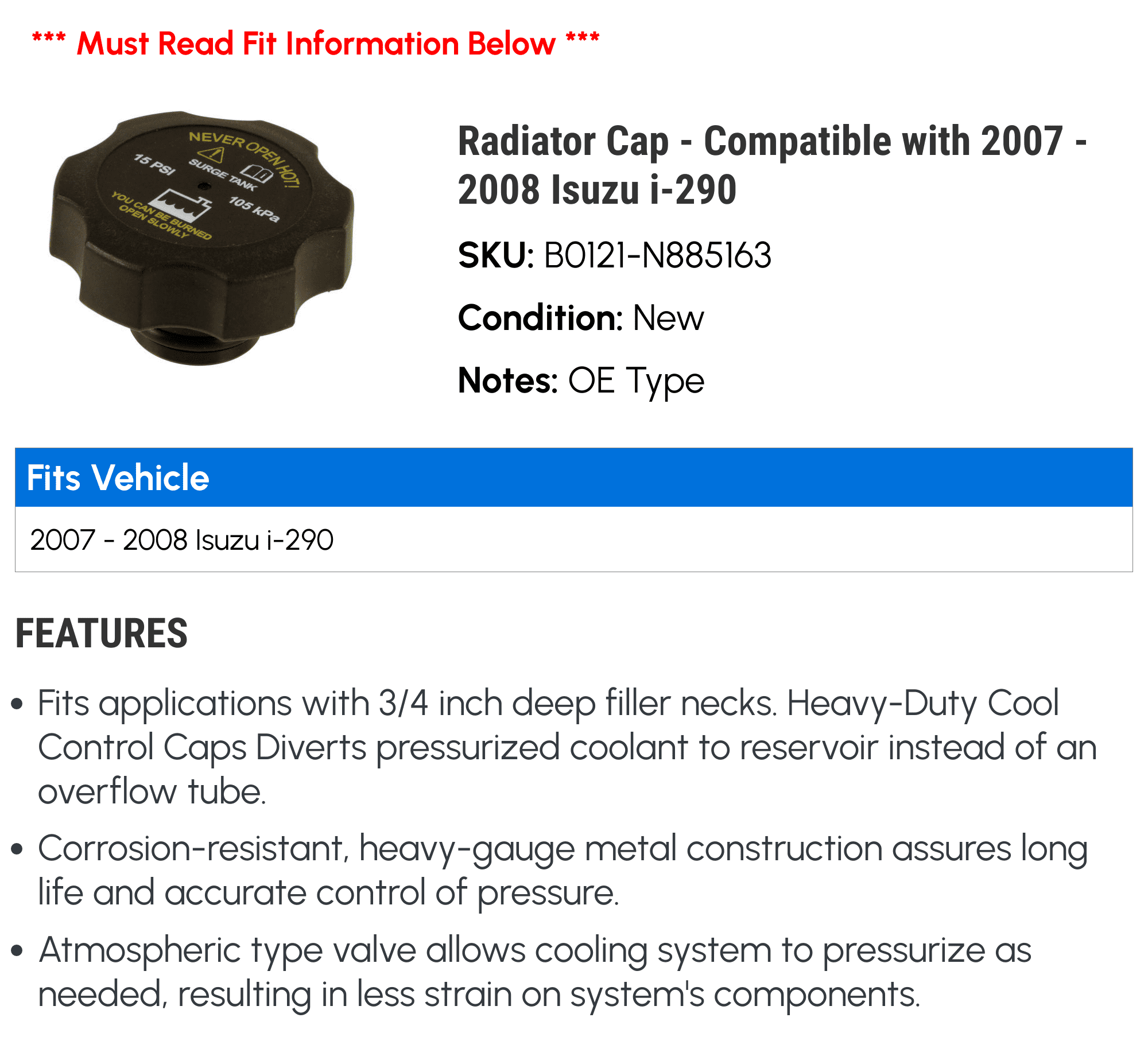Radiator Cap - Compatible with 2007 - 2008 Isuzu i-290 - Gates