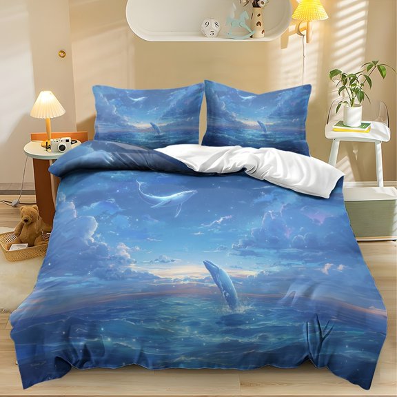 ZIATUBLES Dreamy Whale Print Twin Size Duvet Cover Set, 3 Pieces Soft Cozy Bedding, 1 Duvet Cover & 2 Pillowcases, Easy Care Lightweight Bedding for All Season, Chic Modern Decor