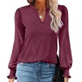 thumbnail image 2 of Blusa Volantes Manga abullonada Cuello en V Manga larga Color puro Tops de moda para mujer Rosa Rojo XL, 2 of 6