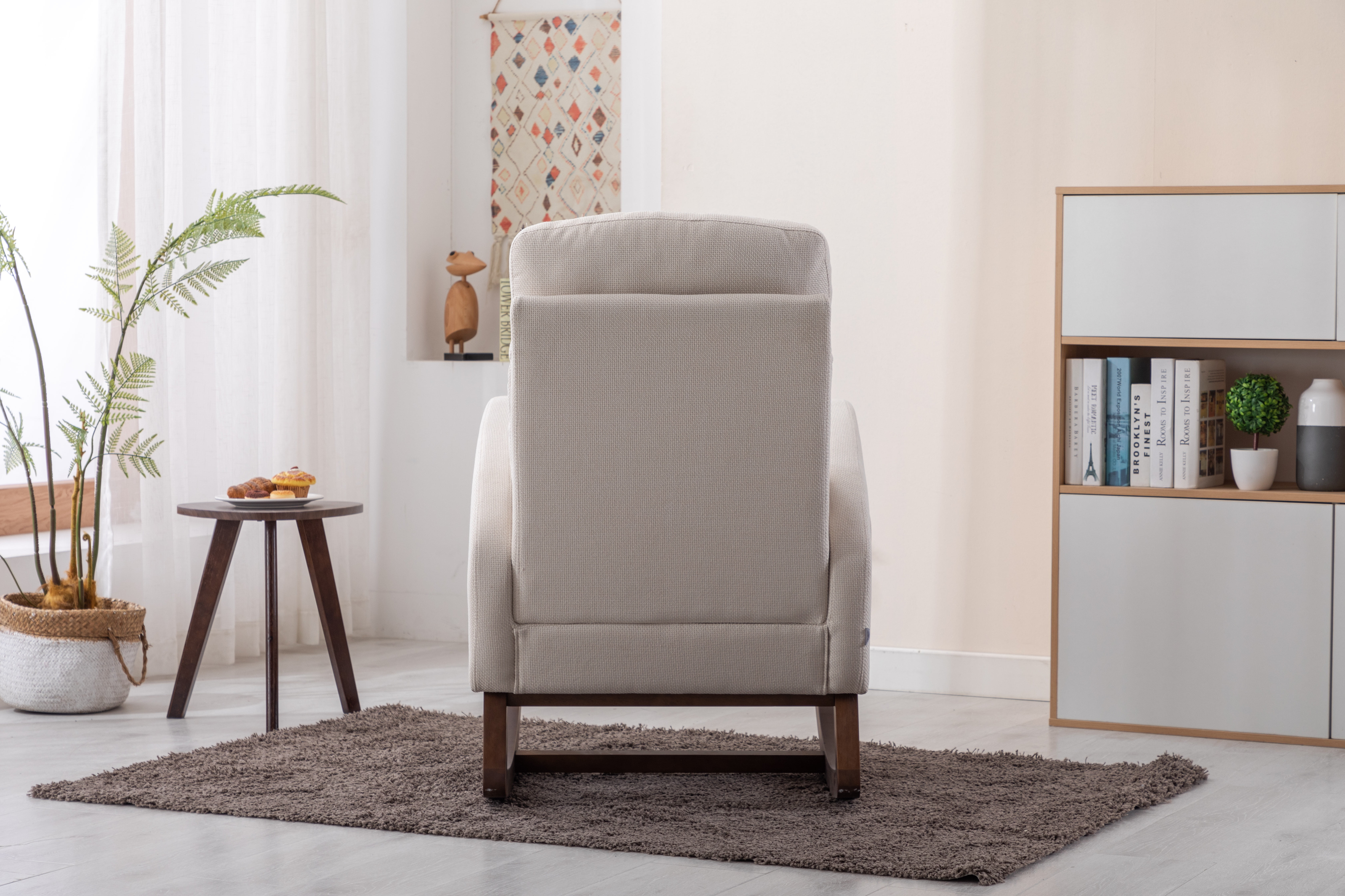 Rocking Chair, Modern Glider Chair, Recliner Armchair with Wood Legs and Side Pocket, Nursery Rocking Accent Chair with High Back for Living Room Bedroom, Beige