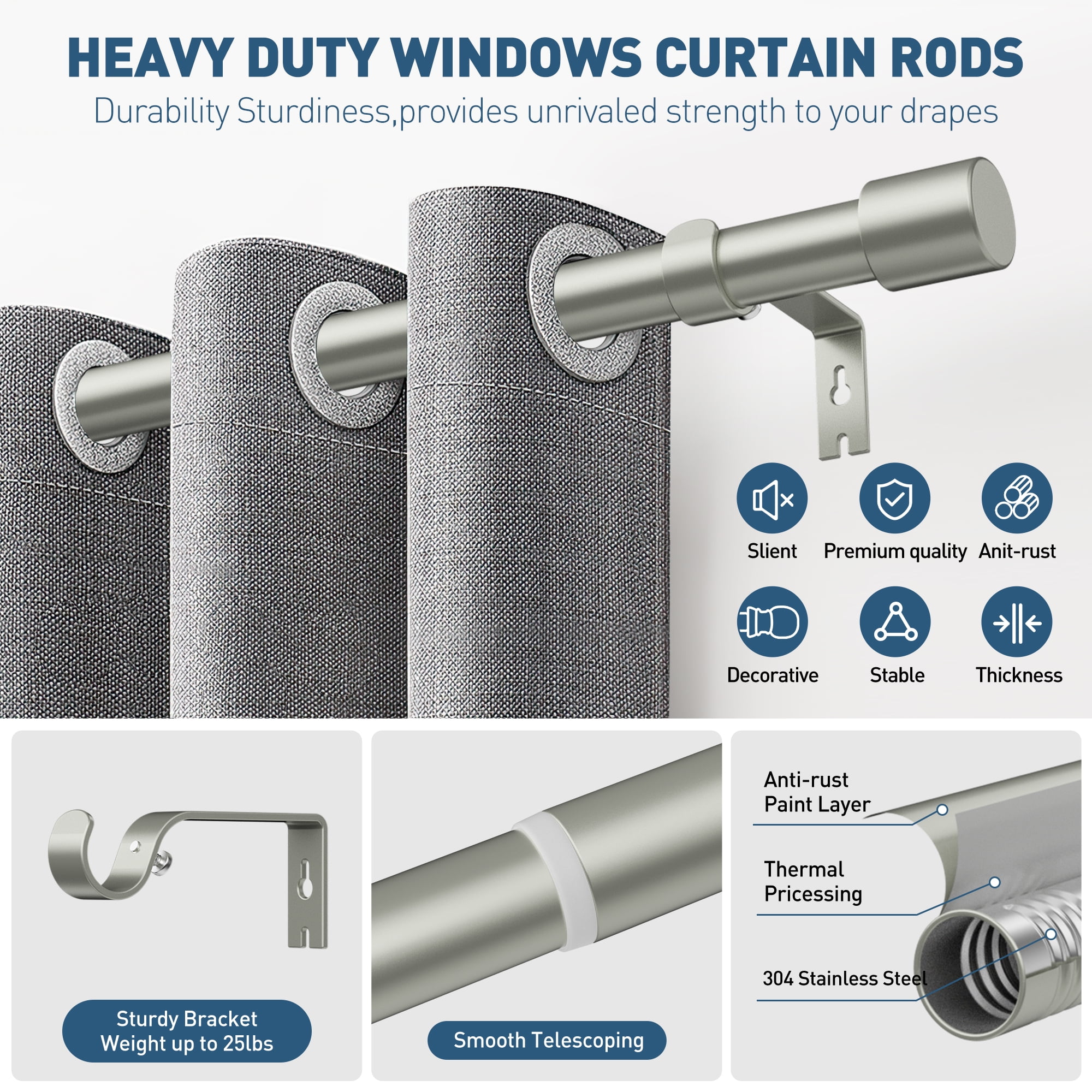 Curtain Rods 32 to 144 inch,1'' Heavy Duty Window Curtain Rod, Adjustable Curtain Rod Set, Modern Decorative Drapery Rods with Aluminium End Cap,Telescoping Single Window Curtains Rods 32-144",Silver