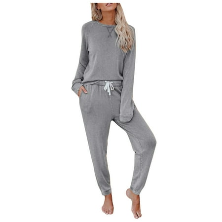 

Tangnade Sleepwear for Women Women s Two Piece Set Of Gradient Solid Color O Neck Long Sleeve Sports Set Sleepwear Gray M