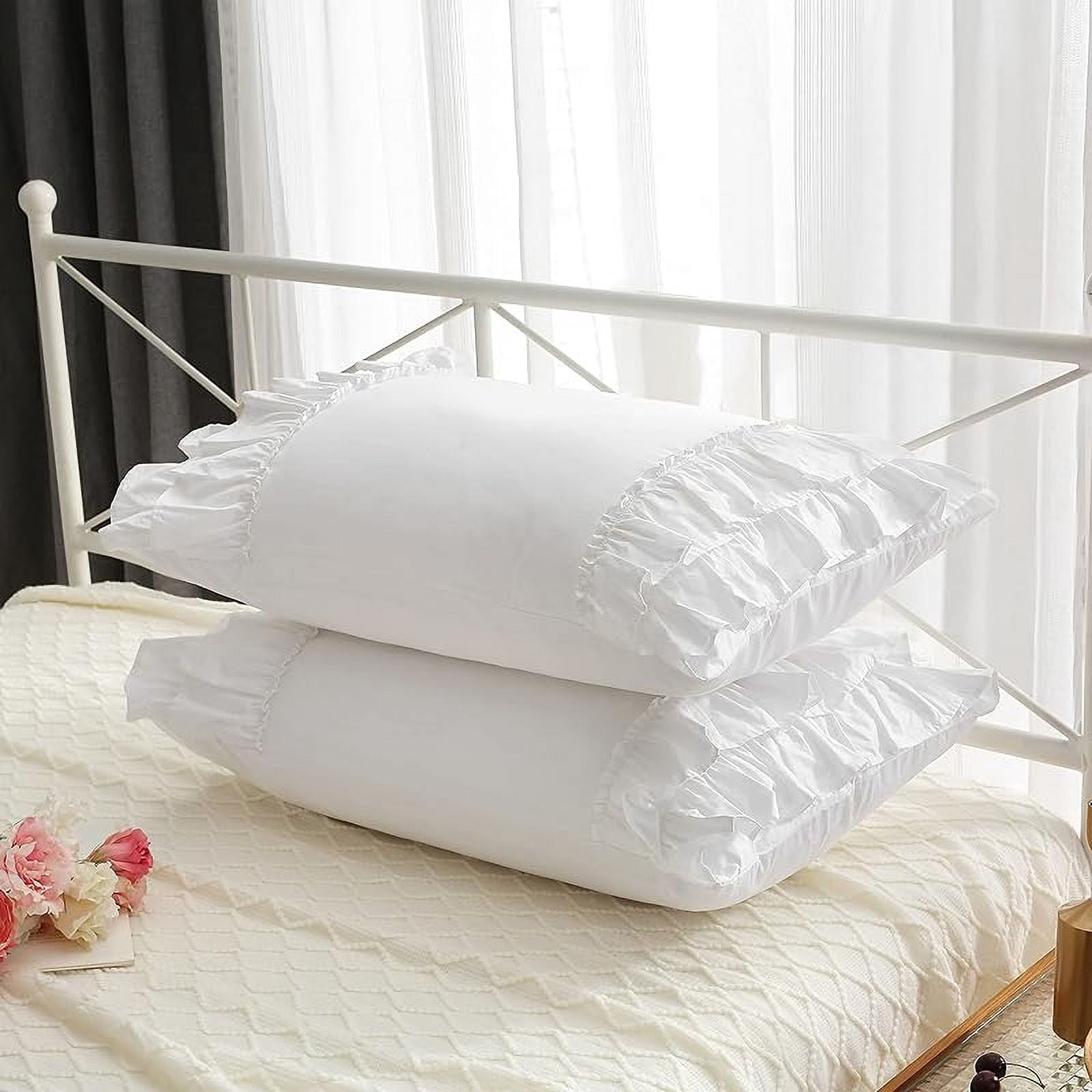 White Ruffled Pillow Shams Standard Twin Size Pillowcases Pure Cotton Pillow Covers 20"x26" 2-Pack