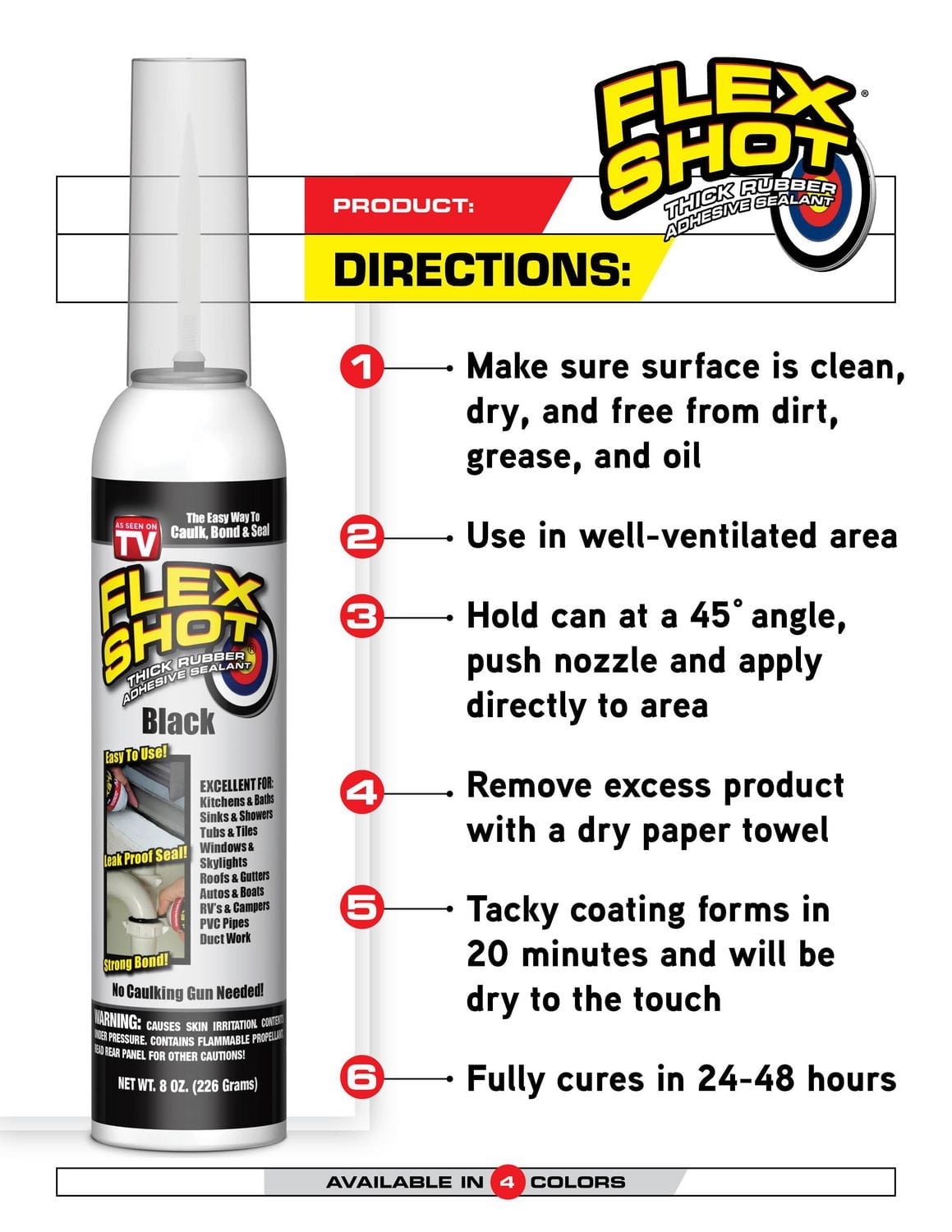 FLEX SHOT CLEAR 8 OZ THICK RUBBER ADHESIVE SEALANT, CAULK, BOND, & SEAL