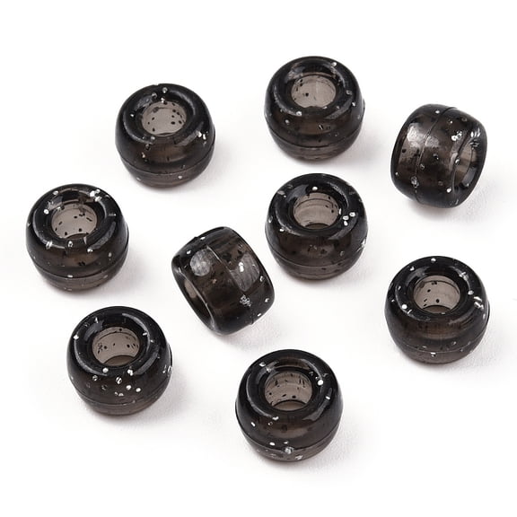 100pc Transparent Plastic Beads with Glitter Powder Barrel Black 9x6mm Hole: 3.8mm