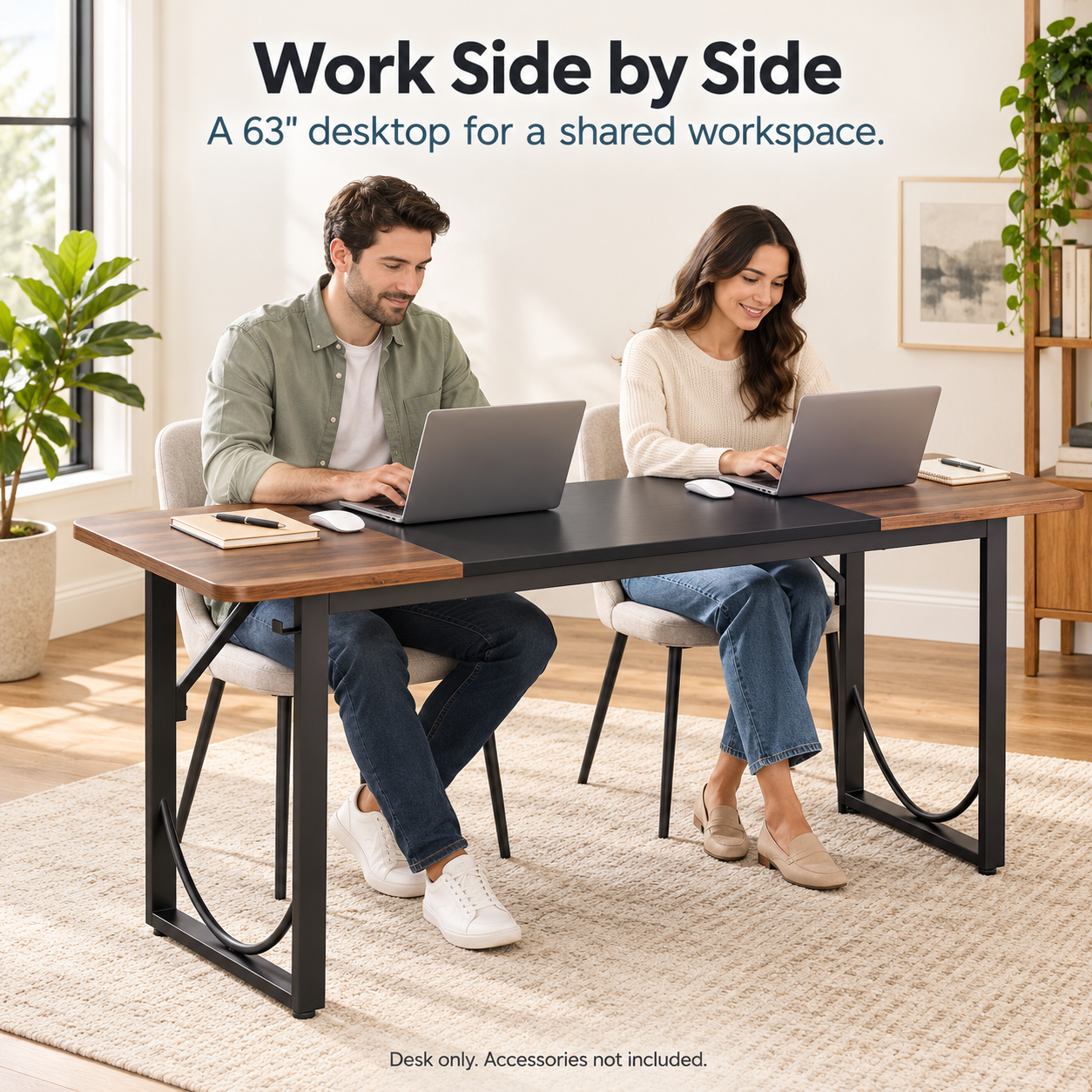 Pinmoco 63" Executive Desk with Metal Frame, Black and Walnut photo 3