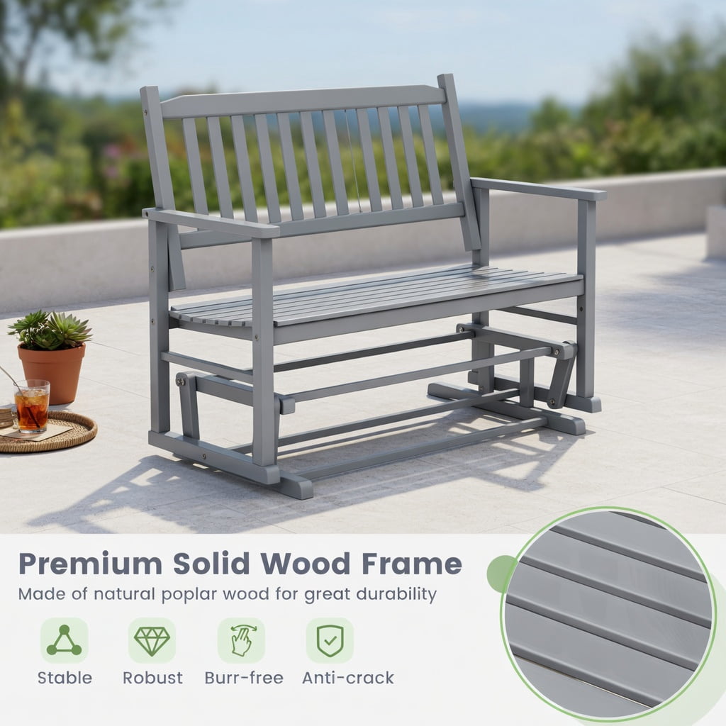 Hommoo 2-Person Outdoor Glider Bench, Poplar Wood Rocking Patio Bench with Ergonomic Slatted Seat & Armrests, Gray