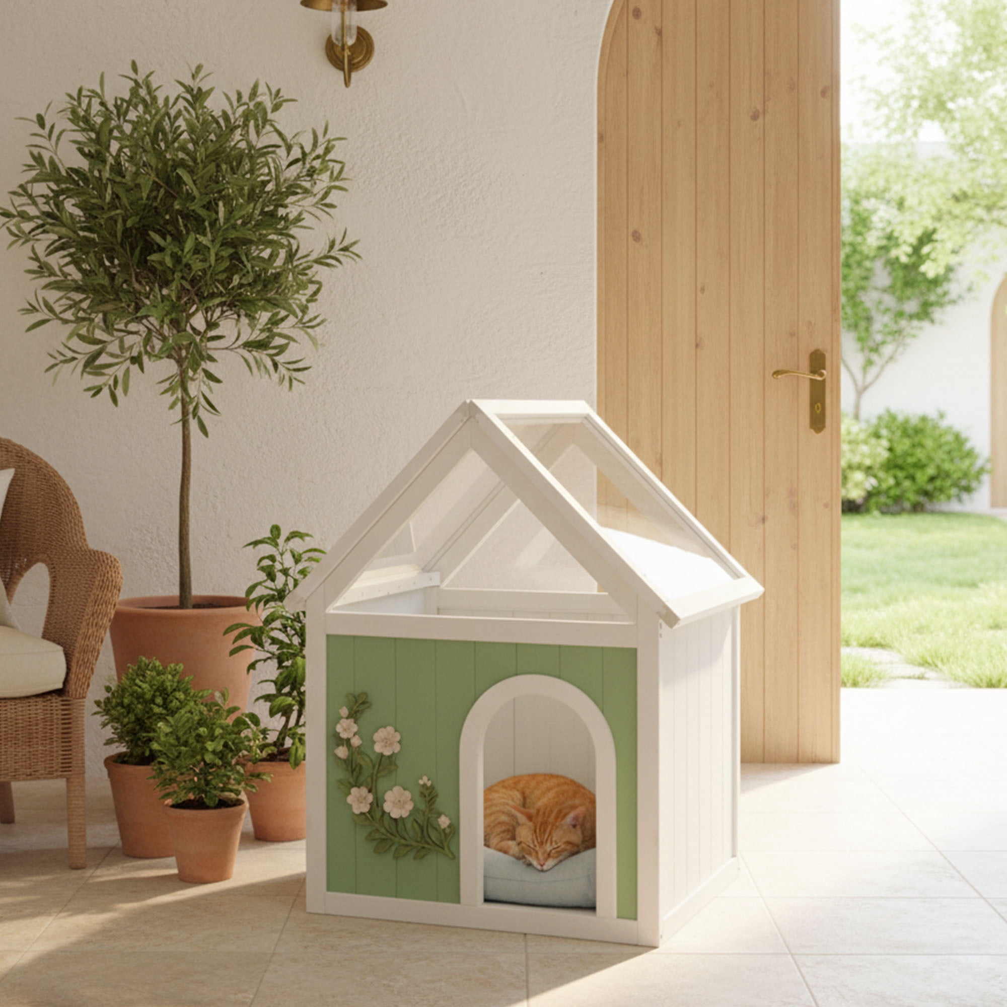 CQSXDA Indoor Cat House with Acrylic Roof for Small Cats and Dogs - FSC-Certified Wooden Pet House