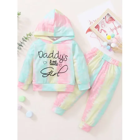 

GEDER-F 2pcs Baby Girl Letter Printed Tie-dye Hooded & Pants