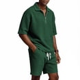 thumbnail image 4 of CIENVNSTG Mens 2 Piece Outfits Waffle Knit Outfit Half Zip Polo Shirt Summer Short Sleeve Shorts Sports Set, 4 of 8