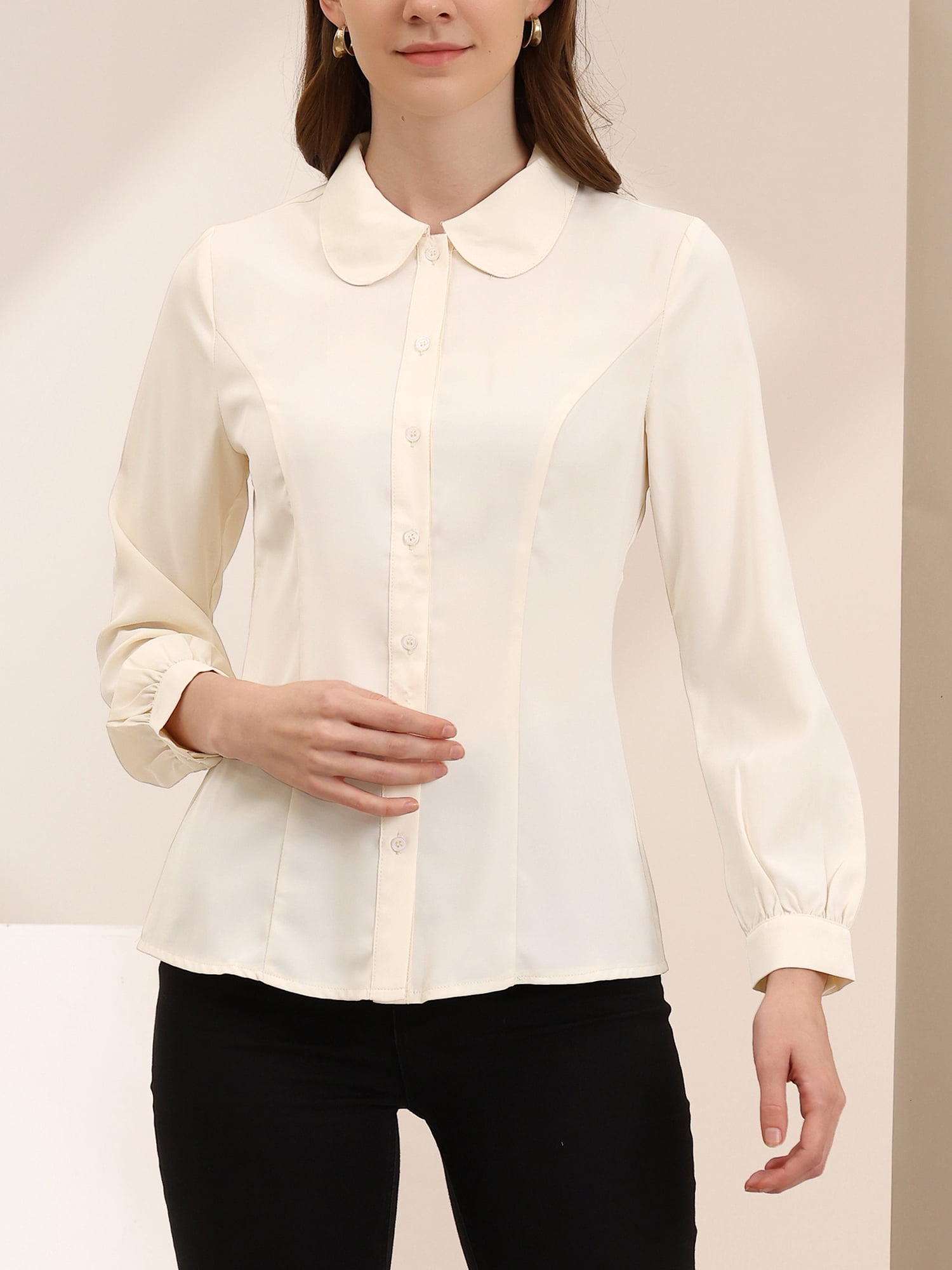 DARING DIVA Women's Peter Pan Collar Long Sleeve Button Down Work Shirts S Beige