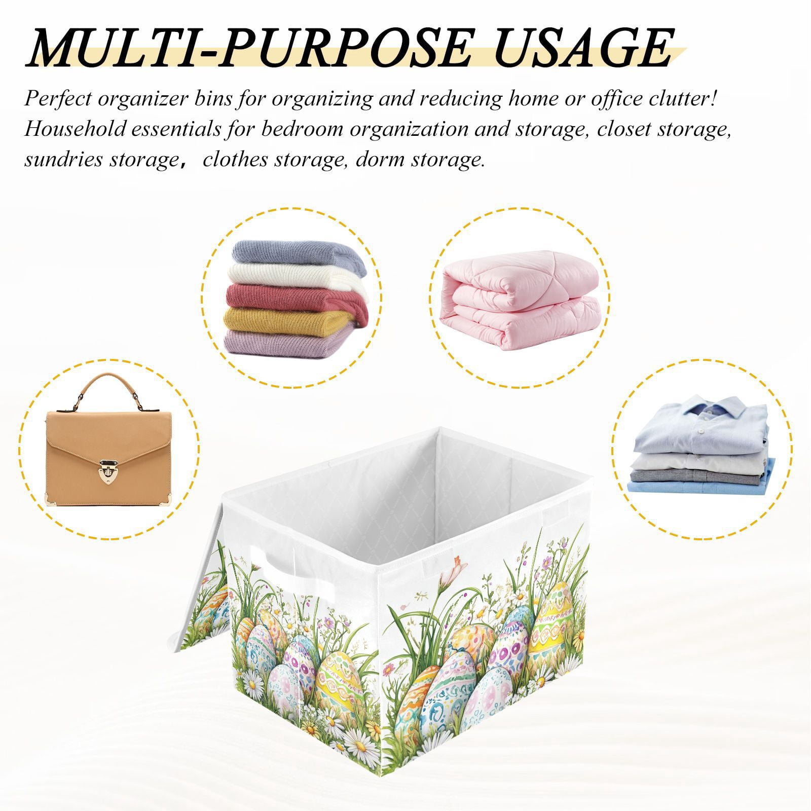 Easter Eggs Flowers Storage Basket for Shelves Foldable Container Organizer for Organizing Toys Clothes Books with Handles
