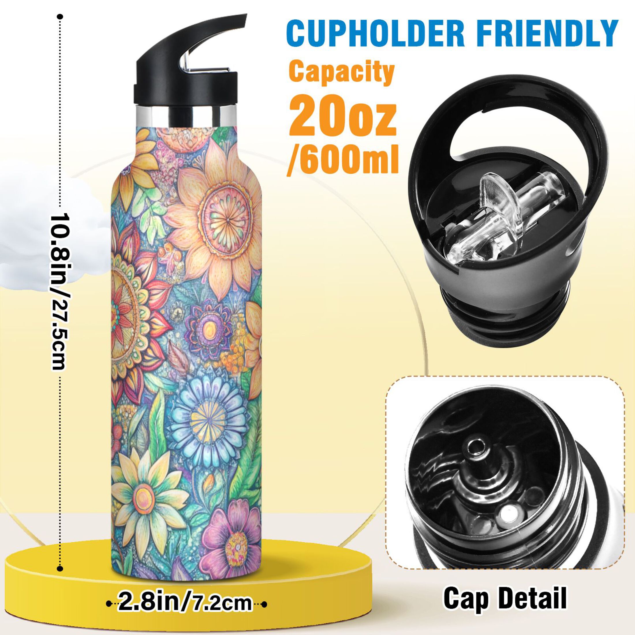 Kids Insulated Stainless Steel Sports Water Bottle 600ml (20oz) Vibrant and Colorful Flower