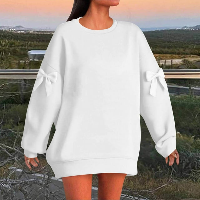 Timegard Chandails en Molleton Grande Taille pour Femmes Col Rond Manches Longues Chandail Mignon Ample Nœud Papillon Hauts Surdimensionnés