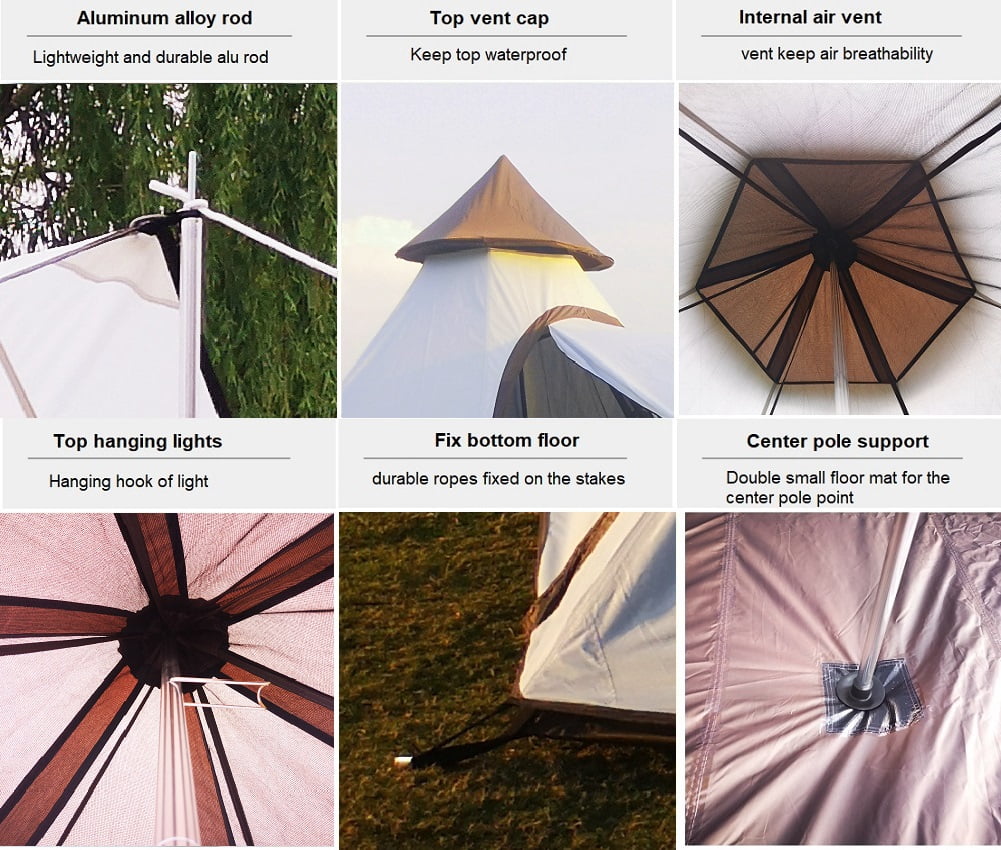 Portable Double Layers Waterproof Breathable Family Camping Indian Teepee Tent for 4 Person