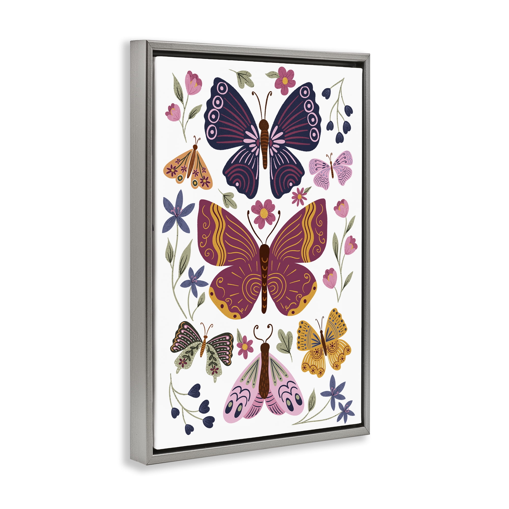 Stupell Industries Symmetrical Butterflies & Flowers Animals Painting Gray Floater Framed Canvas Art Print Wall Art, 21 x 31