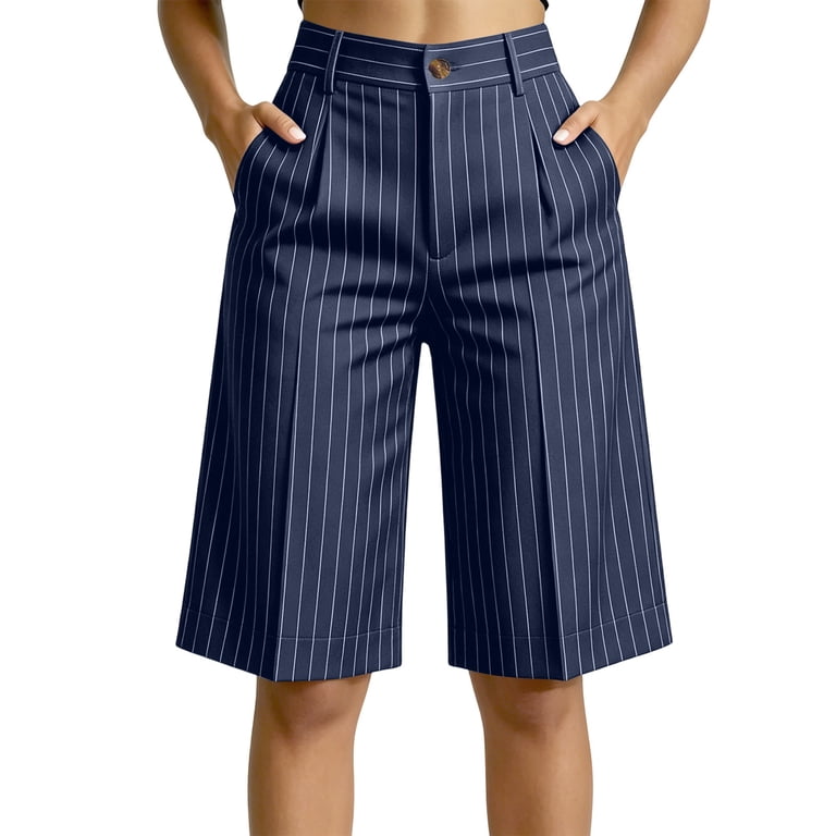 navy dress shorts women Sjzzsw Womens Striped High Waisted Shorts Wide Leg Bermuda Shorts Dressy Casual Work with Pockets Navy S, Women's, Size: Small