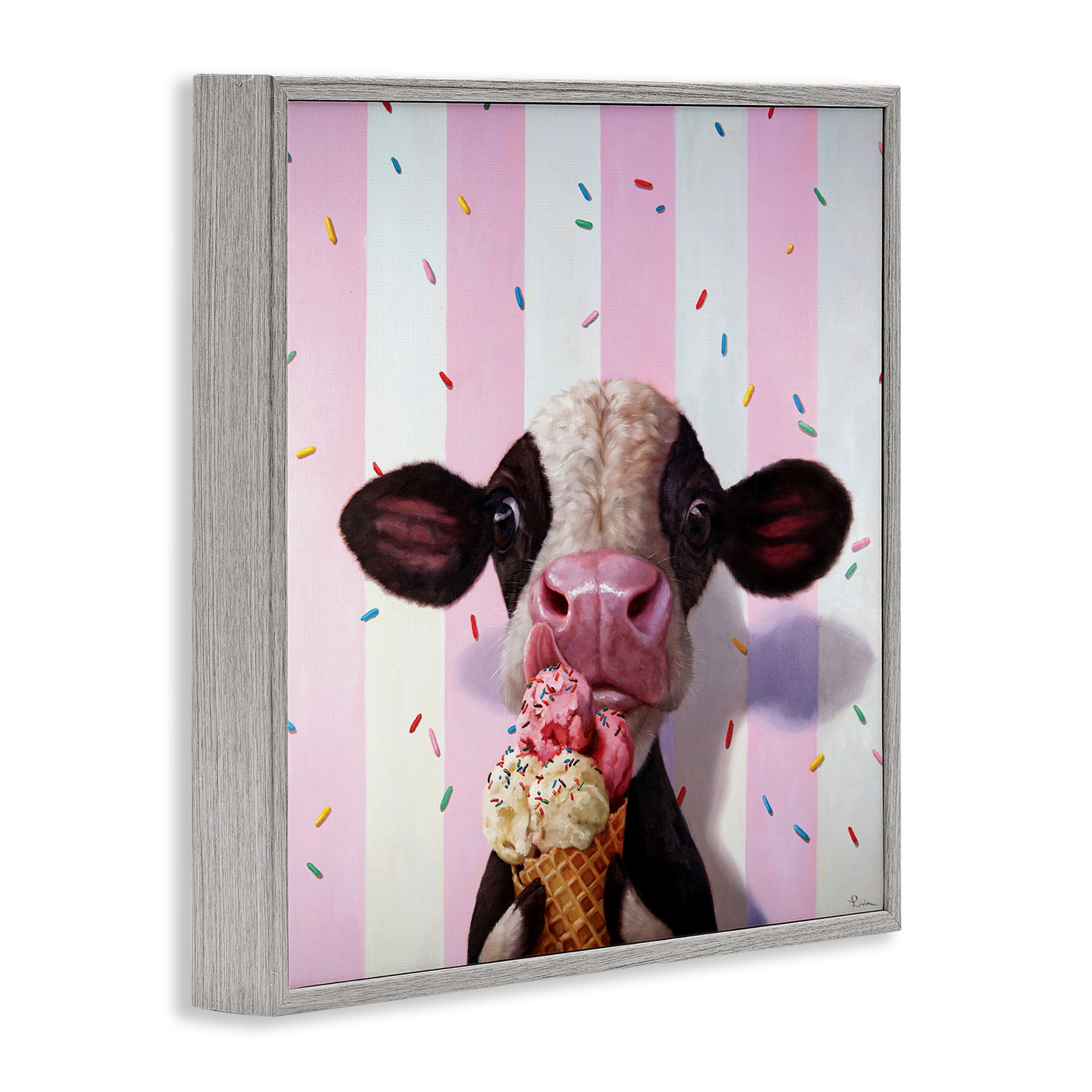 Stupell Industries Cow with Ice Cream Cone Animals & Insects Painting Gray Framed Art Print Wall Art, 17 x 17