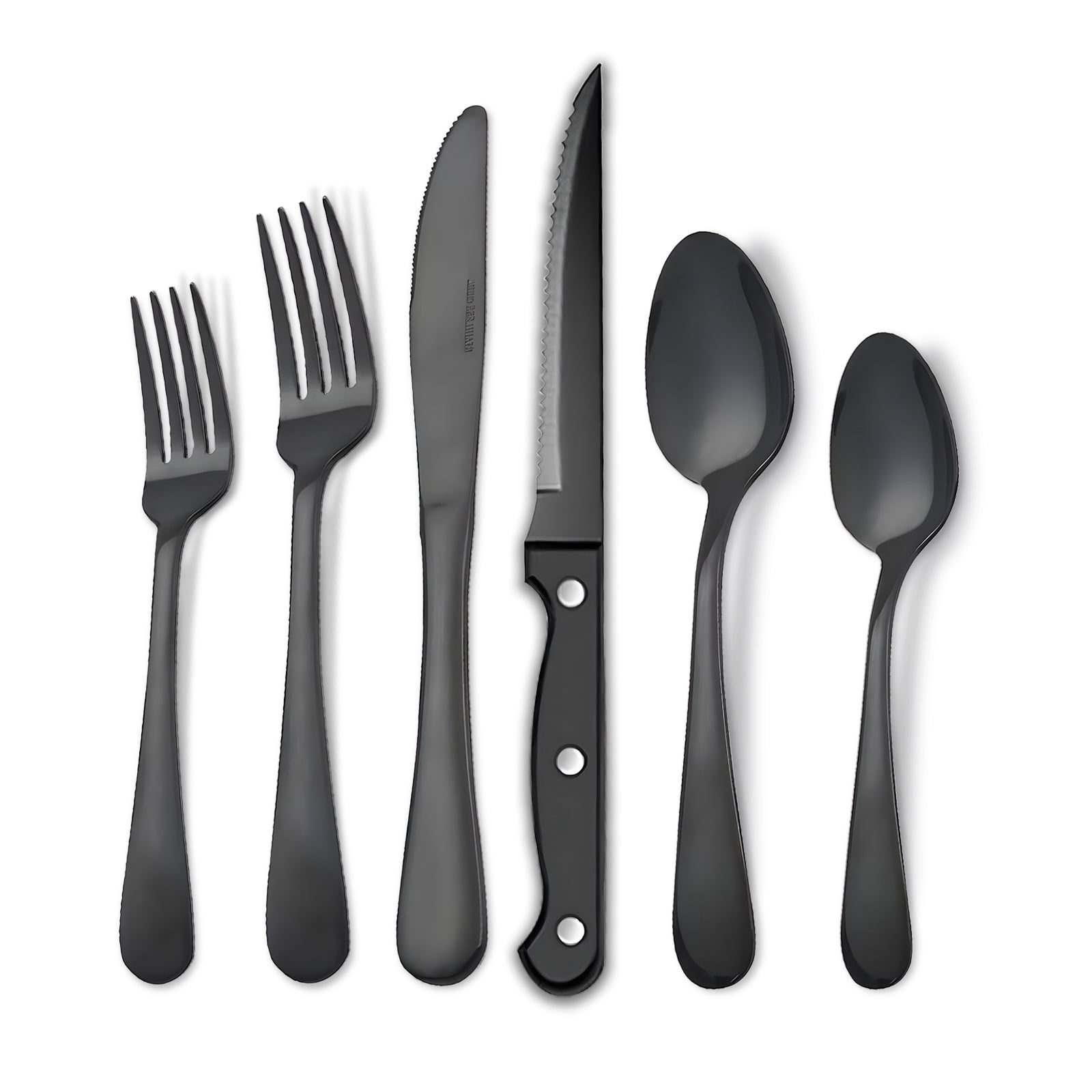 Koomade 24-Piece Flatware Set for 4, Stainless Steel with Steak Knives, Modern Black Silverware Set, Dishwasher Safe