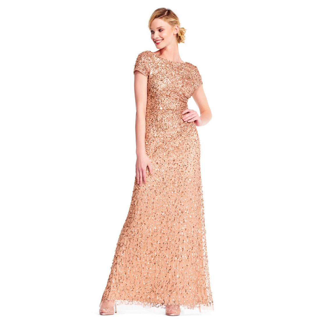Short Sleeve Sequin Beaded Gown Cowl 