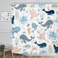 thumbnail image 3 of Kids Ocean Whale Shower Curtain 72Wx72H Inch Underwater Dolphin Cartoon Animal Octopus Jellyfish Sealife Cute Pink Blue Marine Turtle Bathroom Decor Fabric Polyester Waterproof 12 Pack Hooks, 3 of 6