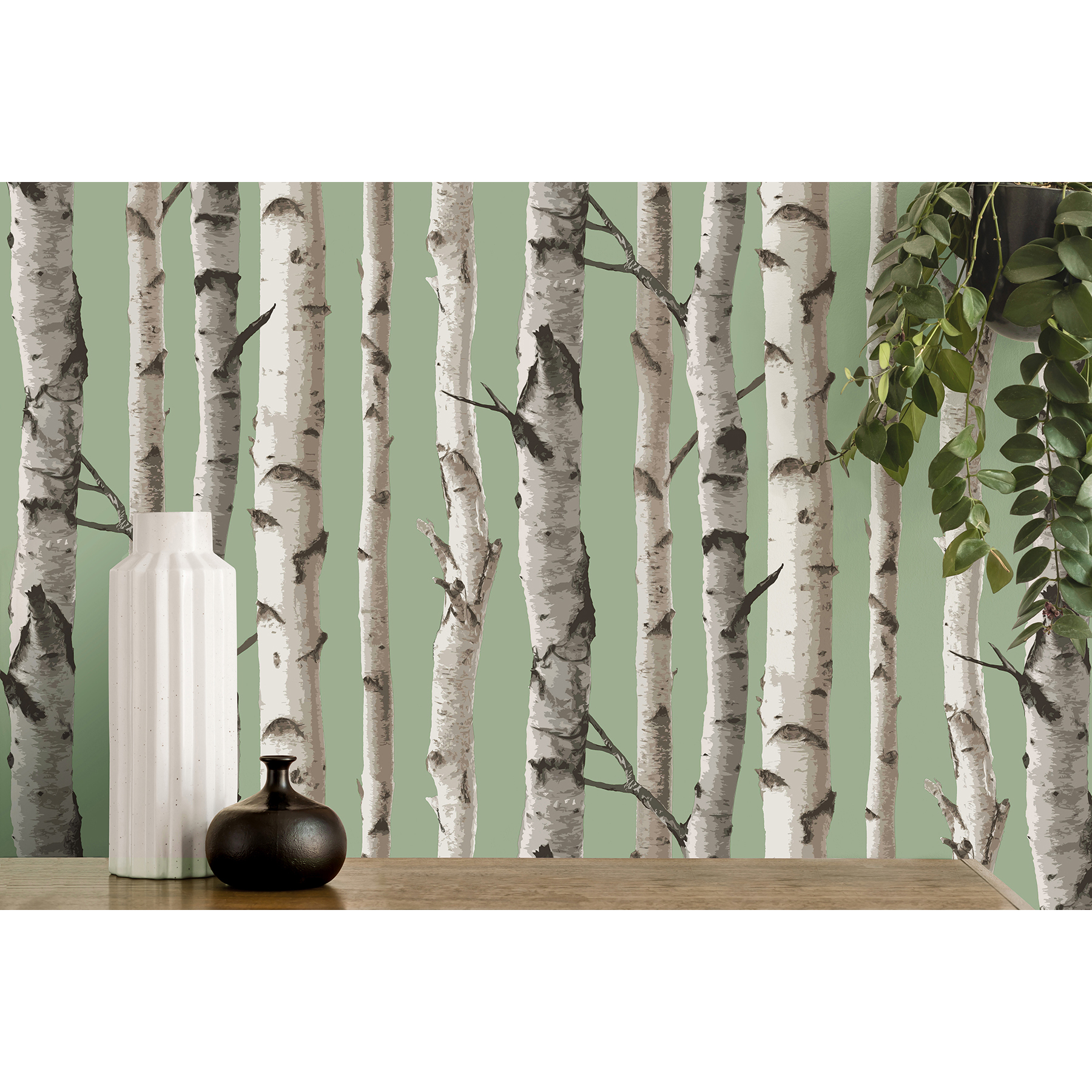 Fine Decor Chester Sage Birch Trees Wallpaper, 20.5-in by 33-ft