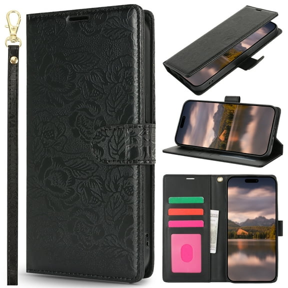 for Samsung Galaxy S25 Plus Wallet Case for Women Girls, PU Leather Flower Pattern, Card Slots Kickstand Wrist Strap Drop Protective TPU Back Cover with Magnetic Clasp for Galaxy S25 Plus, Black