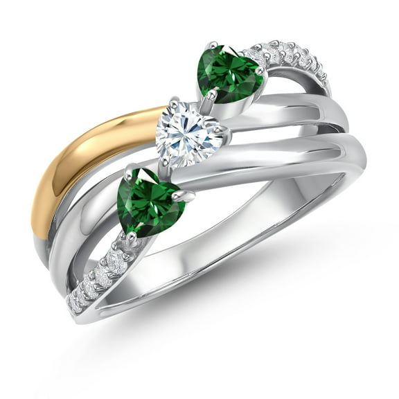 Gem Stone King 925 Silver and 10K Yellow Gold Green Nano Emerald and White Moissanite and Lab Grown Diamond Engagement Ring for Women | 1.12 Cttw | Heart Shape Gemstone May Birthstone | Size 6