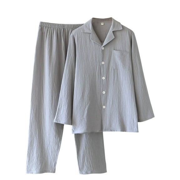 ShomPort Men's Casual Nightwear Set Long Sleeve V-Neck Lapel Button Cotton Breathable Sleepwear Soft Comfort Everyday Loungewear