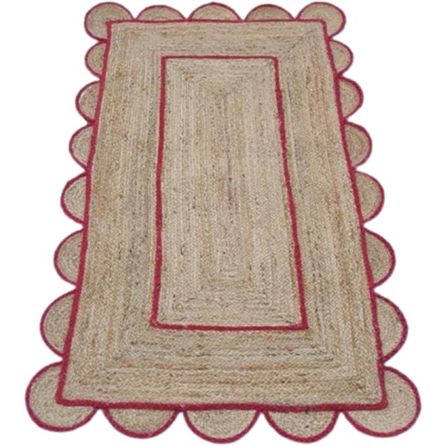 Natural Jute Scalloped Rug, Natural Jute Rug, Bohemian Scallop Rug, Boho Decor Rug, Area Rug, Handwoven Jute Rug, Custom Rug, Decorative Rug (12x15 feet Jute Rug, Brown+Red)