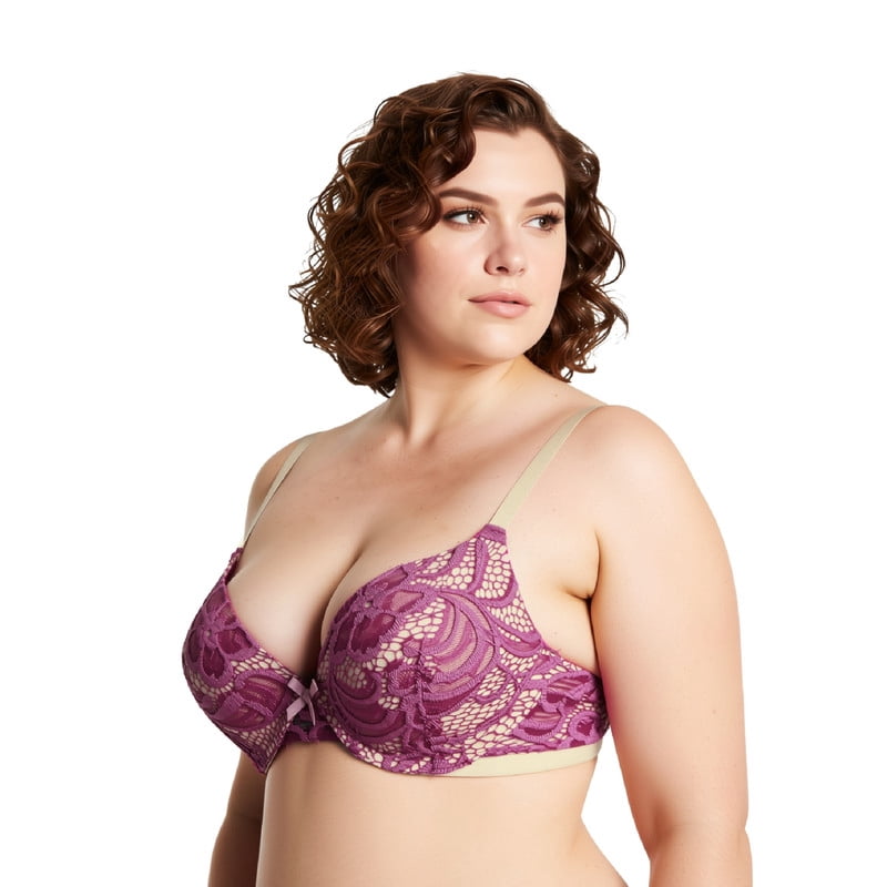 Curve Muse Women's Plus Size Perfect Shape Add 1 Cup Push Up Underwire Lace Bras-2Pk-Rose,Black-48B