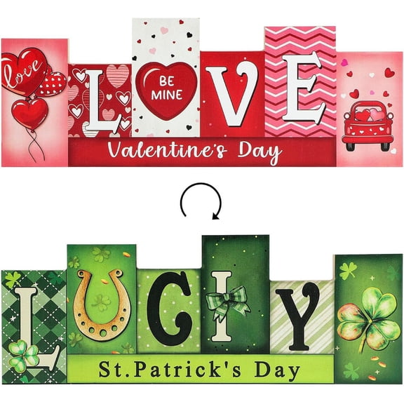 Valentines Day and St Patricks Day Wooden Double Sided Different Theme Decorations Sign for Home Decor Centerpiece 13.78X5.12 Inches