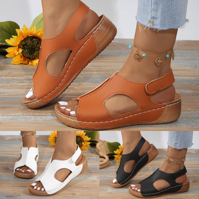Sandals Womens Clearance Summer Retro Solid Colour Leather Slope Heel Thick Bottom Fish Mouth Sandals Slippers Woman White 39