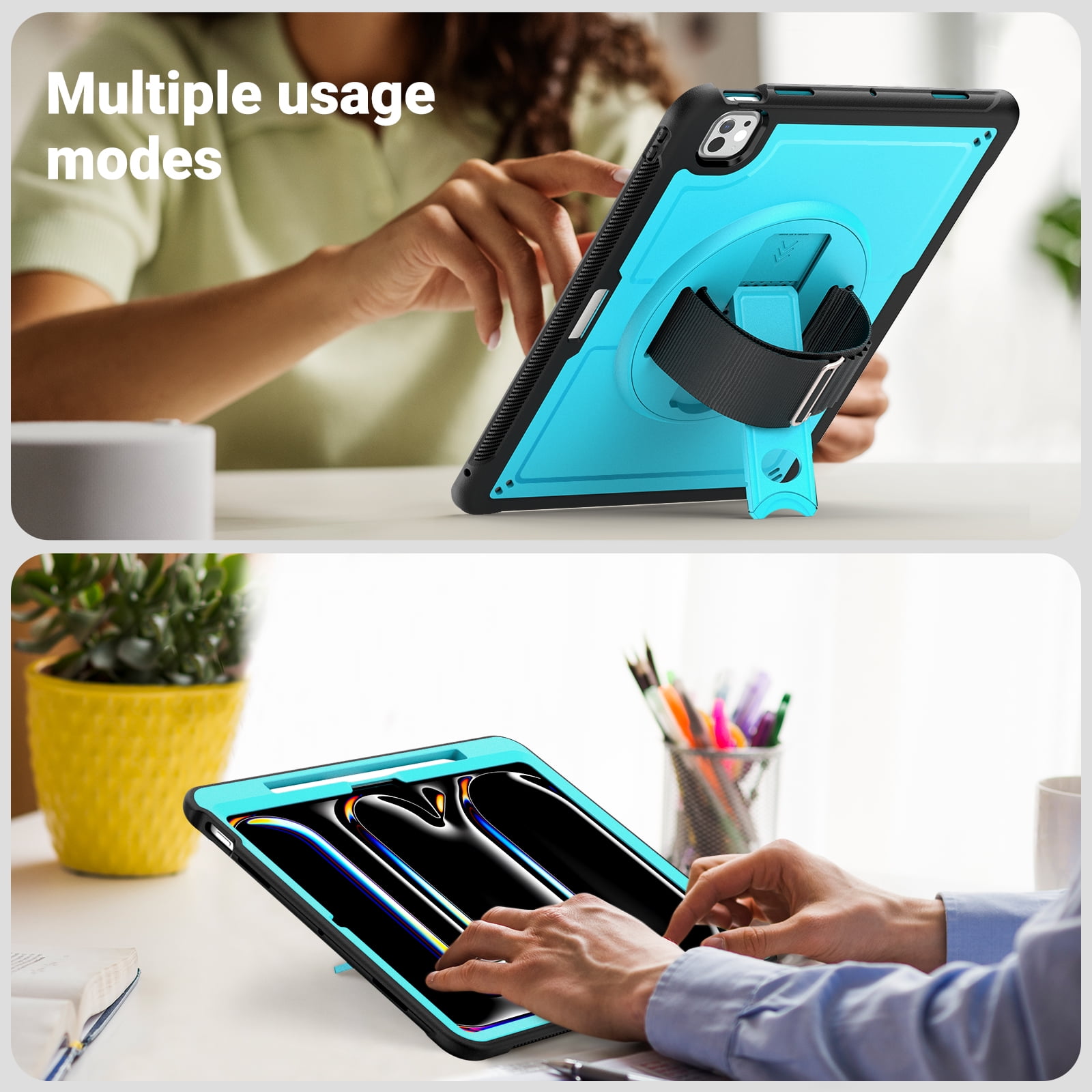 ELEHOLD Case for Apple iPad Pro 13 2024,Soft TPU Rugged Durable Case with 360° Rotating Hand Strap & Foldable Hidden Stand & Pencil Holder,Lightblue