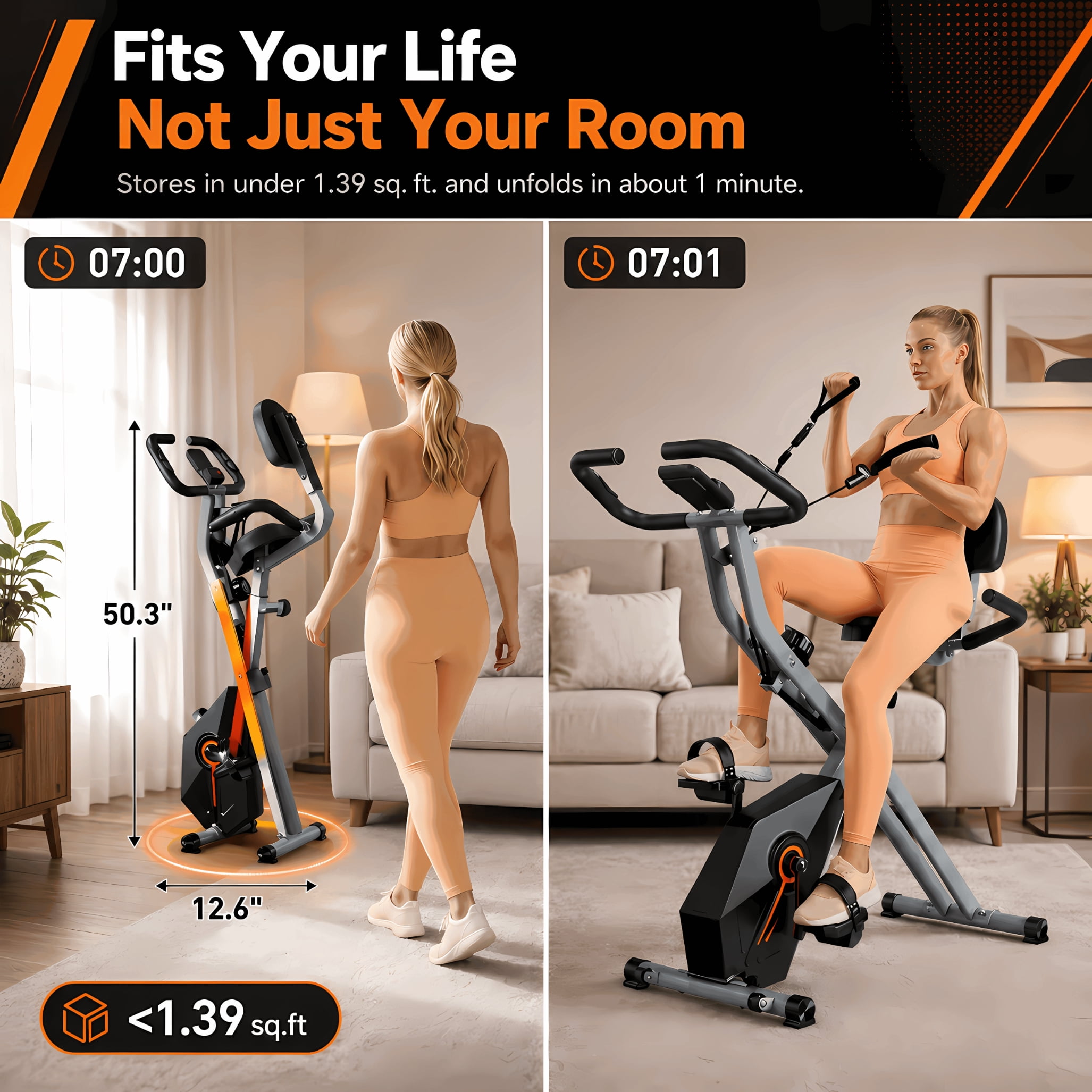 USLIM Foldable Exercise Bike for Home, Stationary Bikes for  Cardio Workout with 16-Level Resistance, Resistance Bands, LCD Monitor, 300 lb Capacity