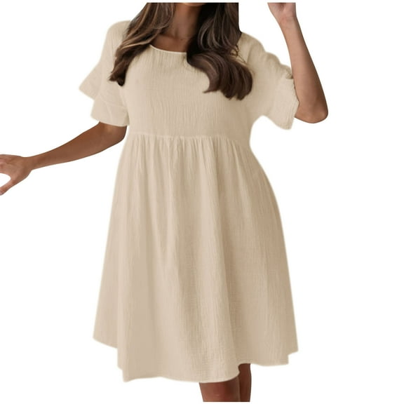 Loopsun Womens Dresses, Summer Dresses for Women, Women's Summer Fashion Solid Color Short Sleeve Round Neck Dress Beige XL