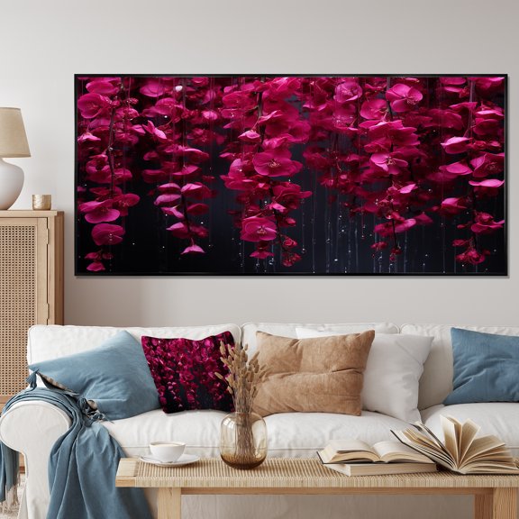 Designart "Fuchsia Flowers Cascade in Pink and Black" Oversized Floral Framed Wall Art - Traditional Pink Fuschia Hallway Framed Wall Art Decor