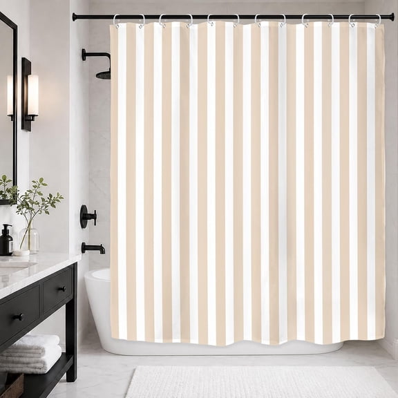 Beige Striped Shower Curtain Waterproof Fabric Bathroom Shower Curtains with Hooks 71x71 inches