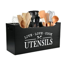 Arikago Kitchen Utensil Holder with Drainage Bottom, Large 3 Compartments Solid Real Wood Utensil Organizer for Kitchen Counter, Farmhouse Cooking Tools Storage for Countertop, Black