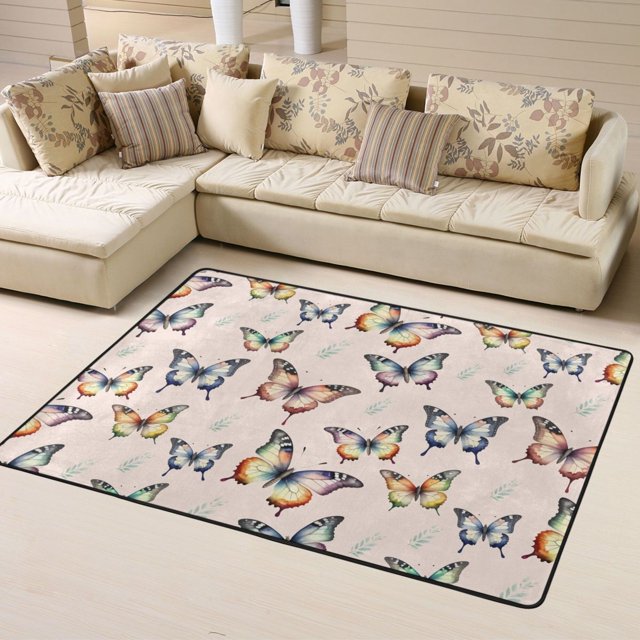 DouZhe Tapis de Zone Motif Papillons Aquarelle Roses Antidérapant Lavable en Machine, Style Tapis Paillasson, 63x48 Pouces
