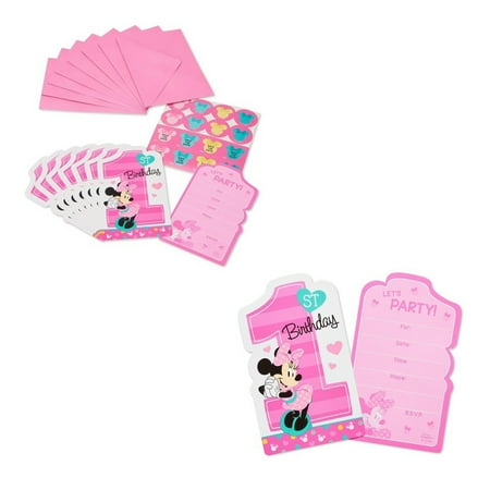 Dimensional Stickers Minnie Mouse Disney Minnie Mouse Baby Girl's 1st Birthday Party Invitations 16 Count with Save the Date Stickers ()