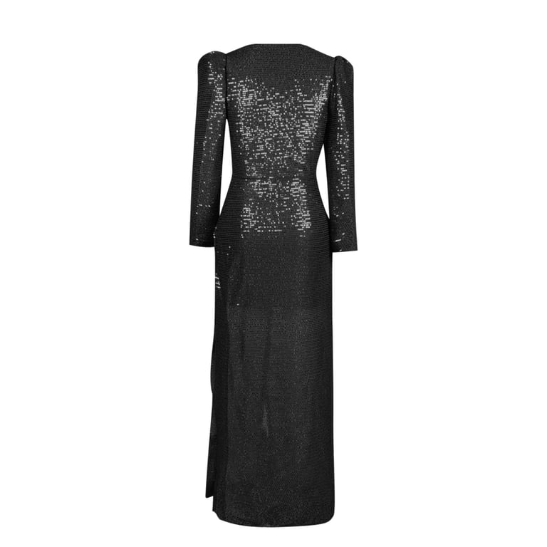 black sequin dress with shoulder pads Black Sequin Shoulder rhinestone dress with High Slit and Hollow Out Design
