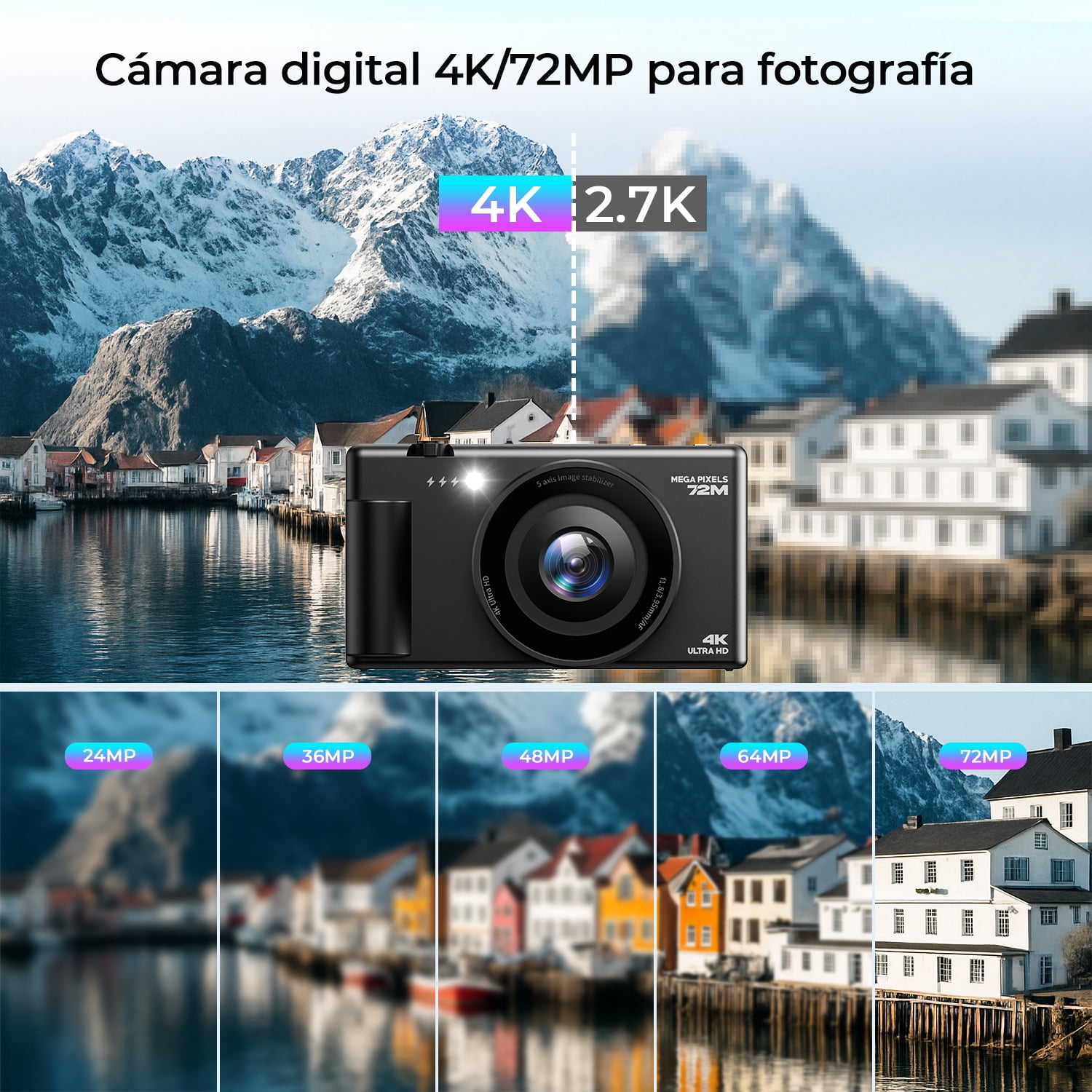 Campark Digital Camera 4K 72MP Vlogging Camera for YouTube with 64GB Card 3'' 270° Flip Screen 18x Zoom Video Cameras for Beginners
