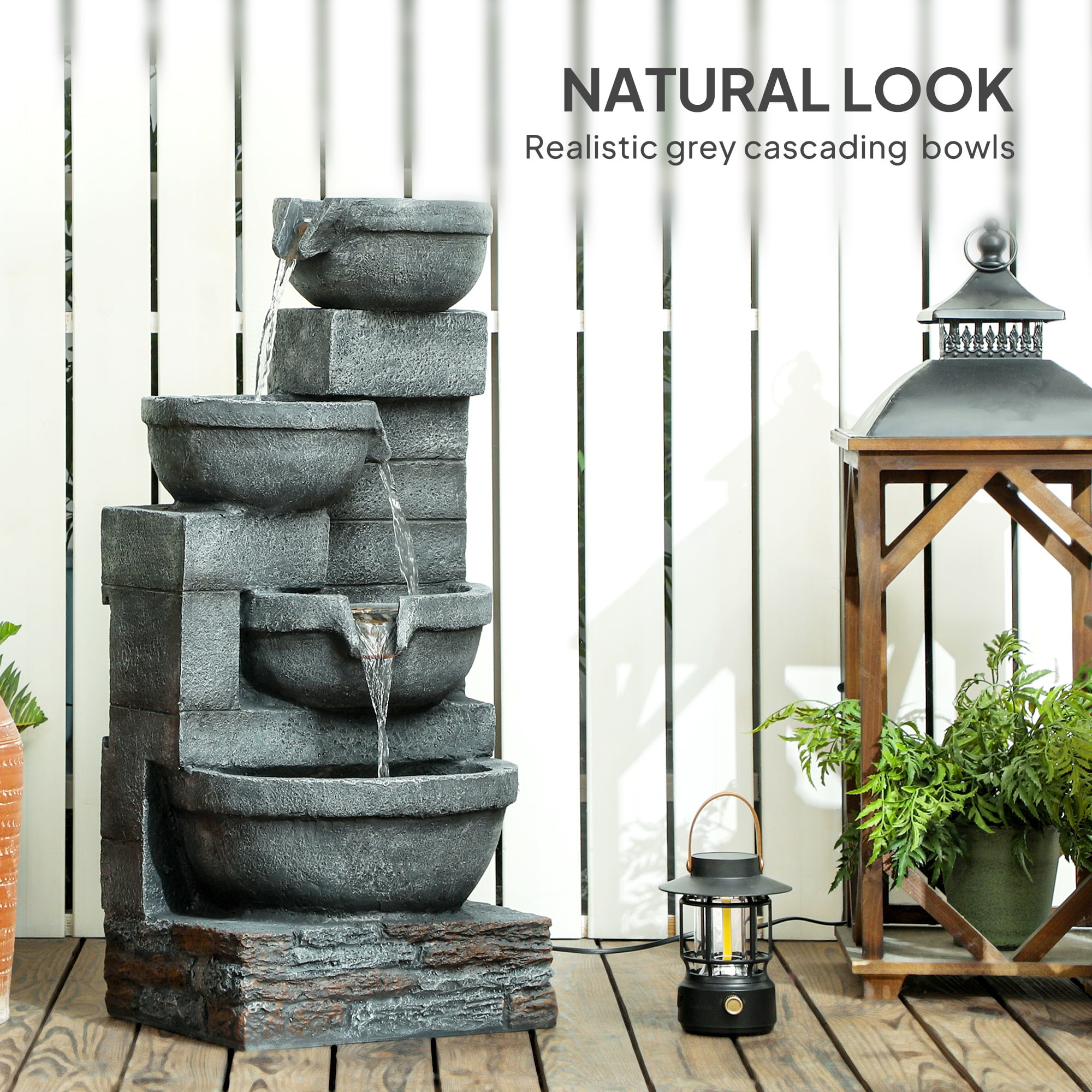 Homiyad 30" Tall Outdoor Water Fountain with LED Lights, 4-Tier Resin Cascading Bowls Outdoor Fountain Waterfall Fountain with Pump, Gray