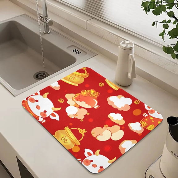 Red Cute Cows and Clouds Dish Drying Mat for Kitchen Counter Absorbent Drainer Mats (15.7X11.8Inch)