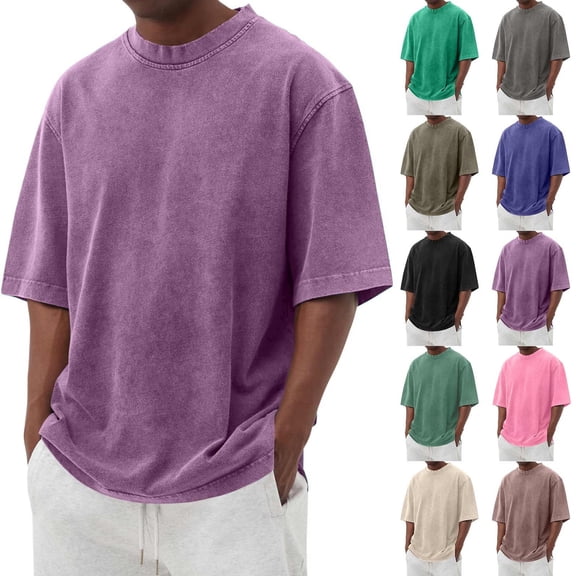 Domuza Mens Crewneck T Shirt Cotton Short Sleeve Distressed Washed Tee Tops Basic Loose Fit Streetwear Casual Tee Shirts Purple M