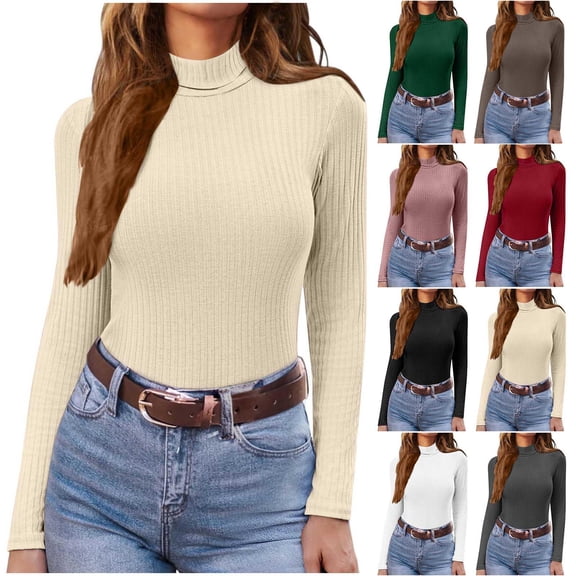 HomeDM Women's Turtleneck Long Sleeve Shirts, Solid Color Ribbed Basic Pullover Tops Fall Layer Slim Fit Tee Shirts - Beige/L