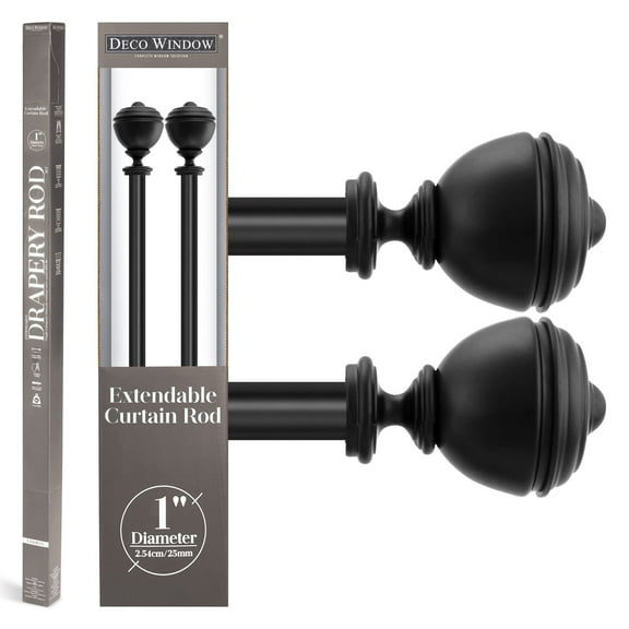 Deco Window 25mm Diameter Black Stacked Round Adjustable Single Curtain Rods, 36 in - 66 in