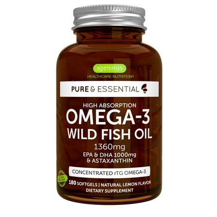 Igennus Ultra Pure Omega 3 Triglyceride rTG Wild Fish Oil 1360mg, IFOS Certified, for Women & Men, Fatty Acids EPA & DHA 1000mg & Astaxanthin, Non-GMO, 180 Softgels