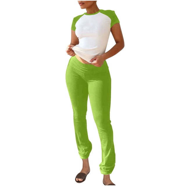 Camiseta Y Pantalones de Cuello Redondo de Manga Corta de Manga Larga de la Mujer, Traje de Mujer de Poliéster de Color Sólido para el Día Y la Fiesta
